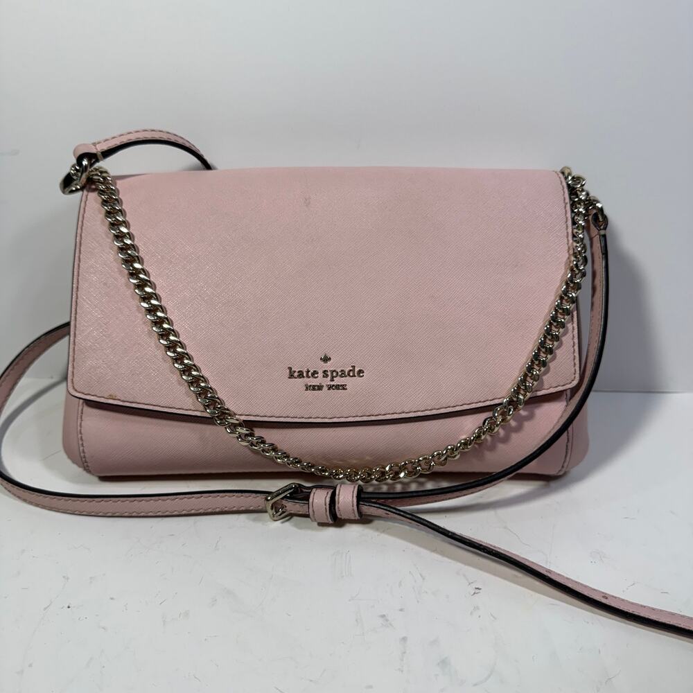 Kate Spade Pink Laurel Way Greer Saffiano Leather Gold Chain Crossbody Old Money